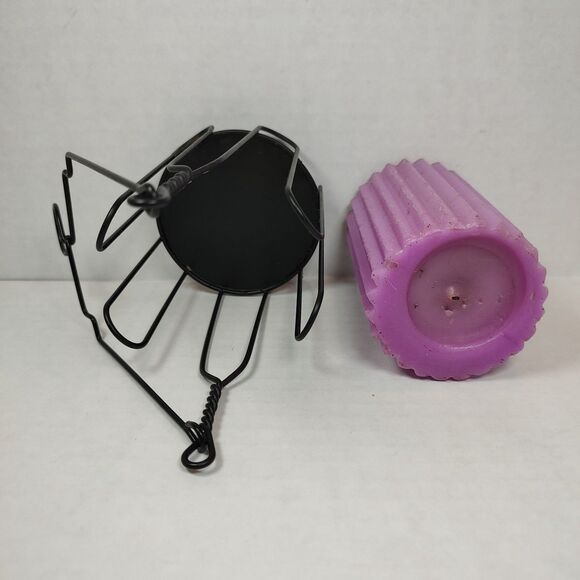 Purple Ribbed Pillar Candle Hanging Black Twisted Wire Holder Lantern Stand Used - Picture 7 of 12